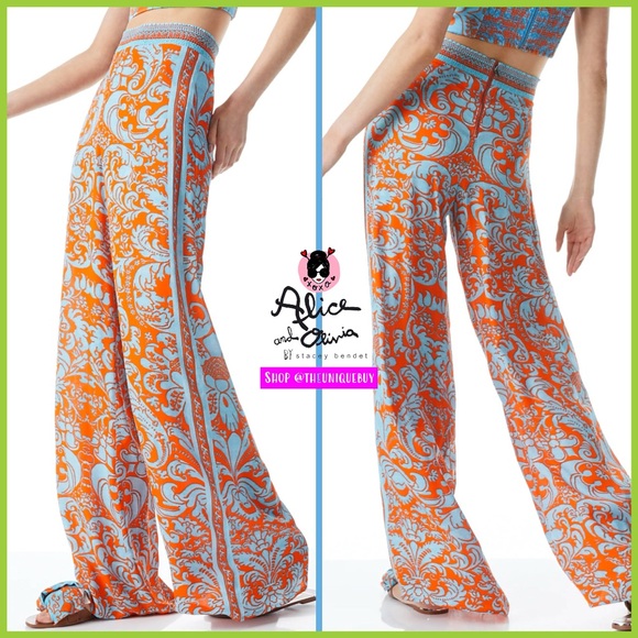 Alice + Olivia Pants - Alice + Olivia Athena Smocked Waistband Wide Leg Sienna Orange Blue Pant